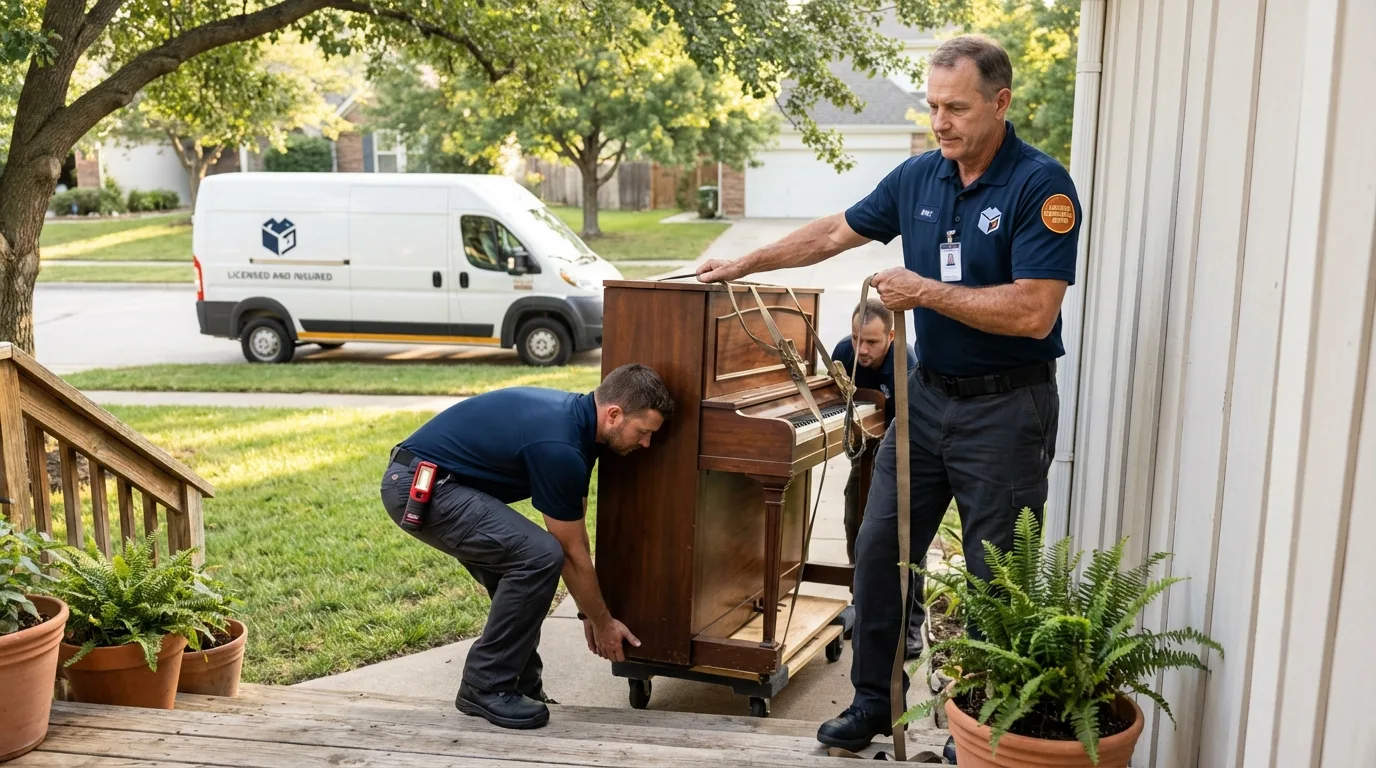 Licensed piano movers securing grand piano in Opp, AL